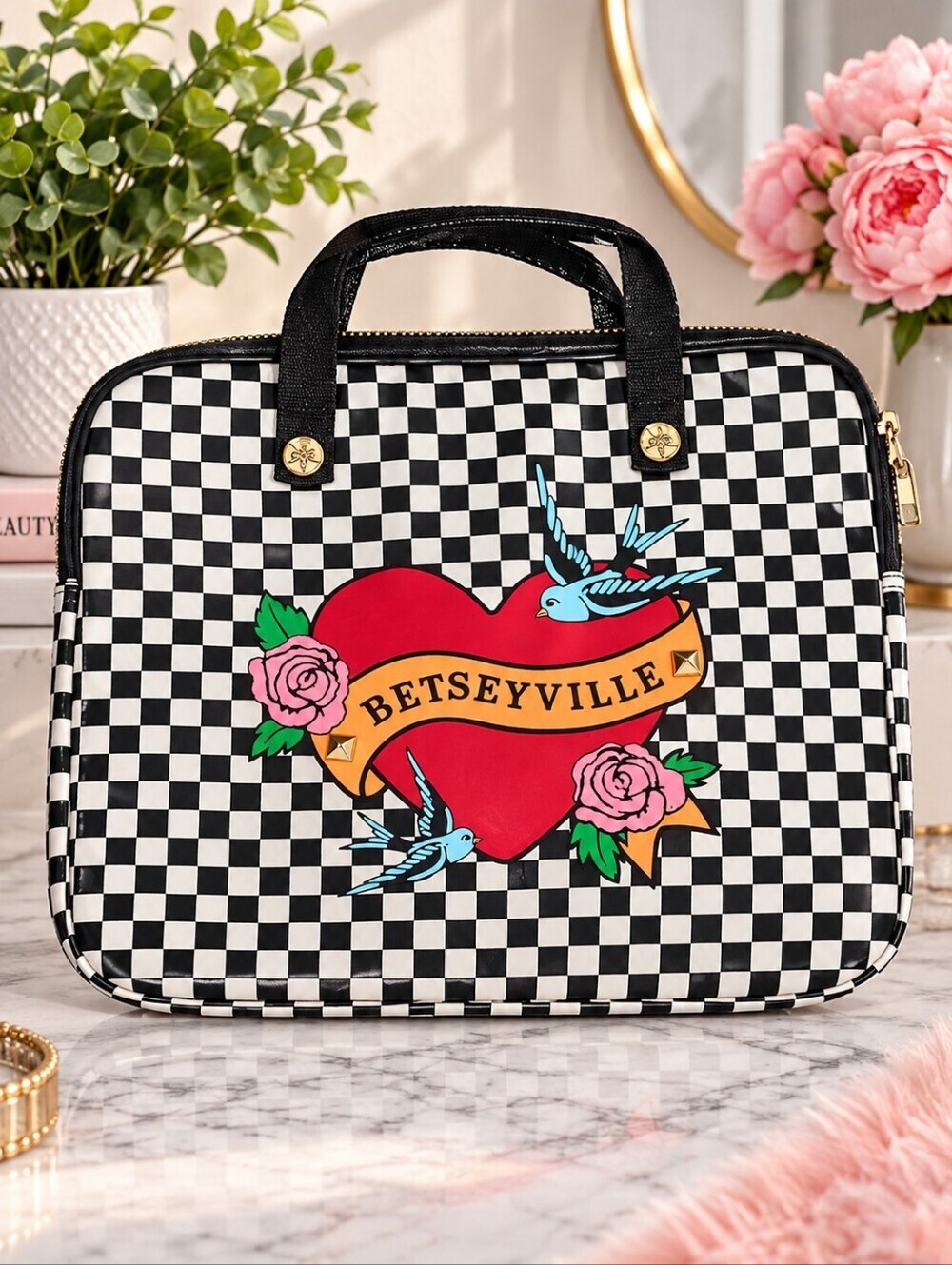 Betsey Johnson Black & White Checkered Laptop Bag with Red Heart Graphic